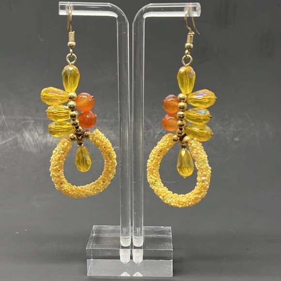 Lemon Drop Amber and Gold Beaded Sparkly Dangle Earrings - Picture 2 of 7
